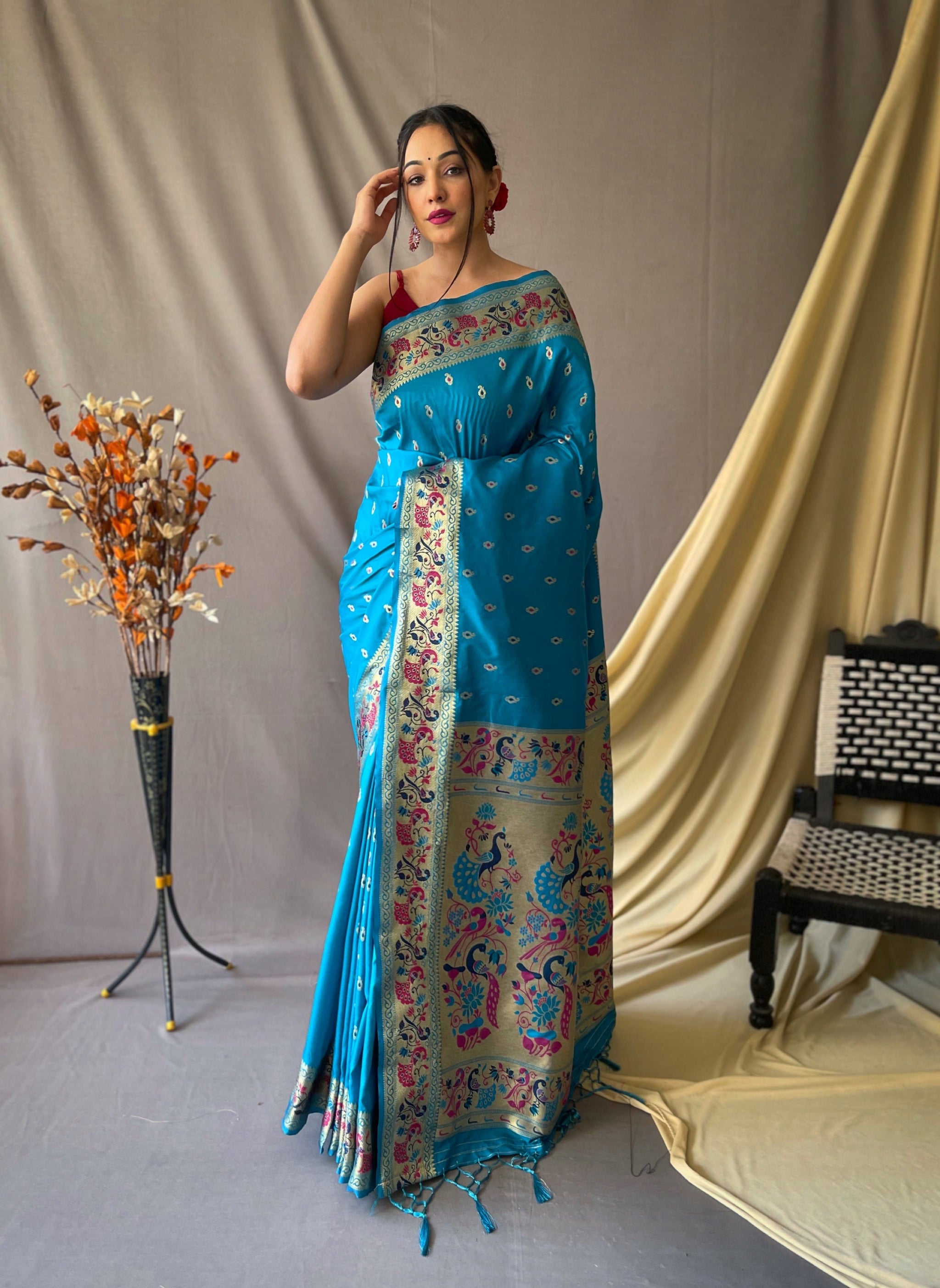 Pacific Blue Saree in Paithani Silk