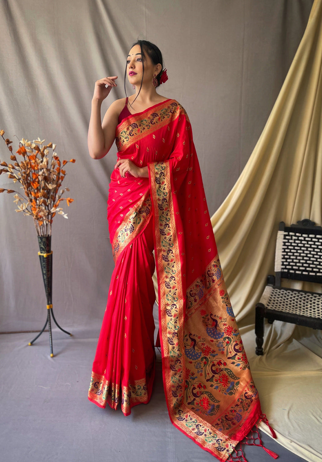 Red Saree in Paithani Silk for Women