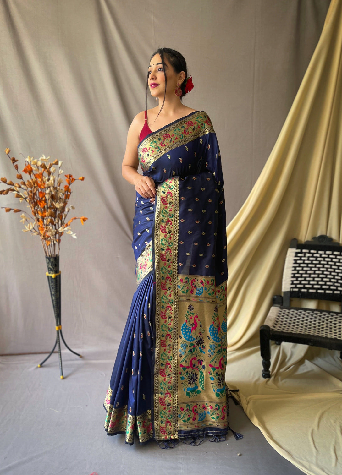 Navy Blue Saree in Paithani Silk for Women