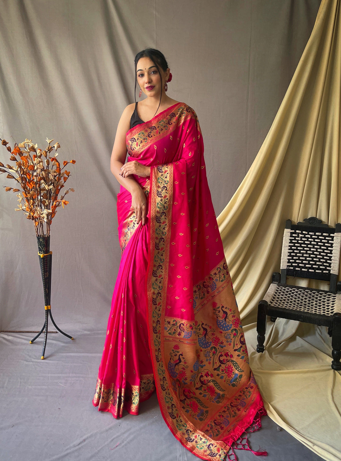 Pink Saree in Paithani Silk for Women