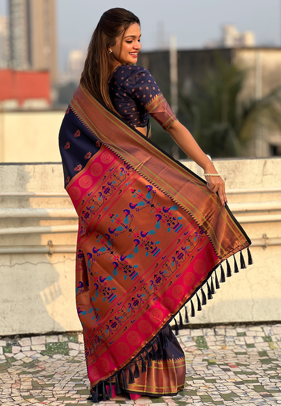 Navy blue zari woven nath yeola paithani silk saree