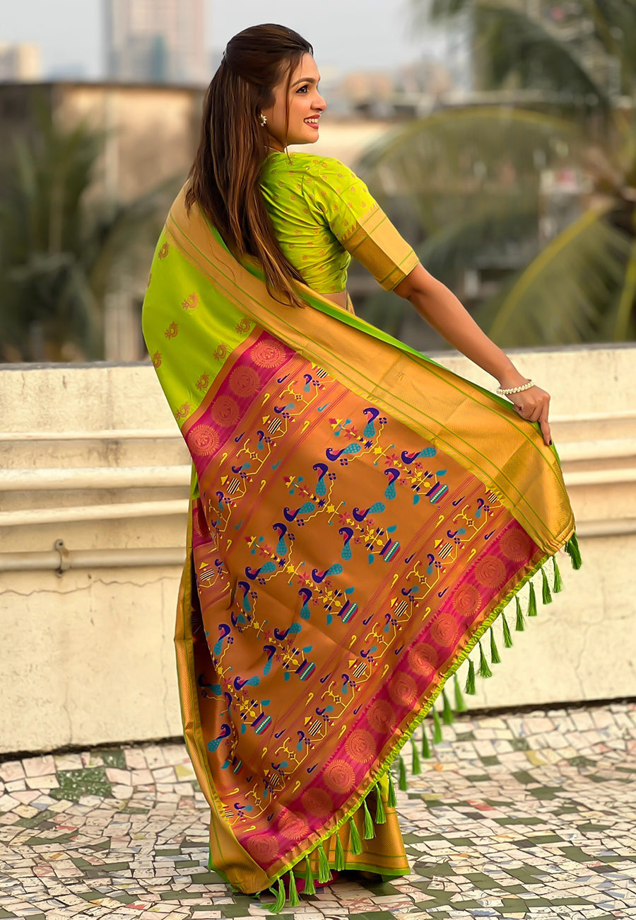 Parrot green zari woven nath yeola paithani silk saree