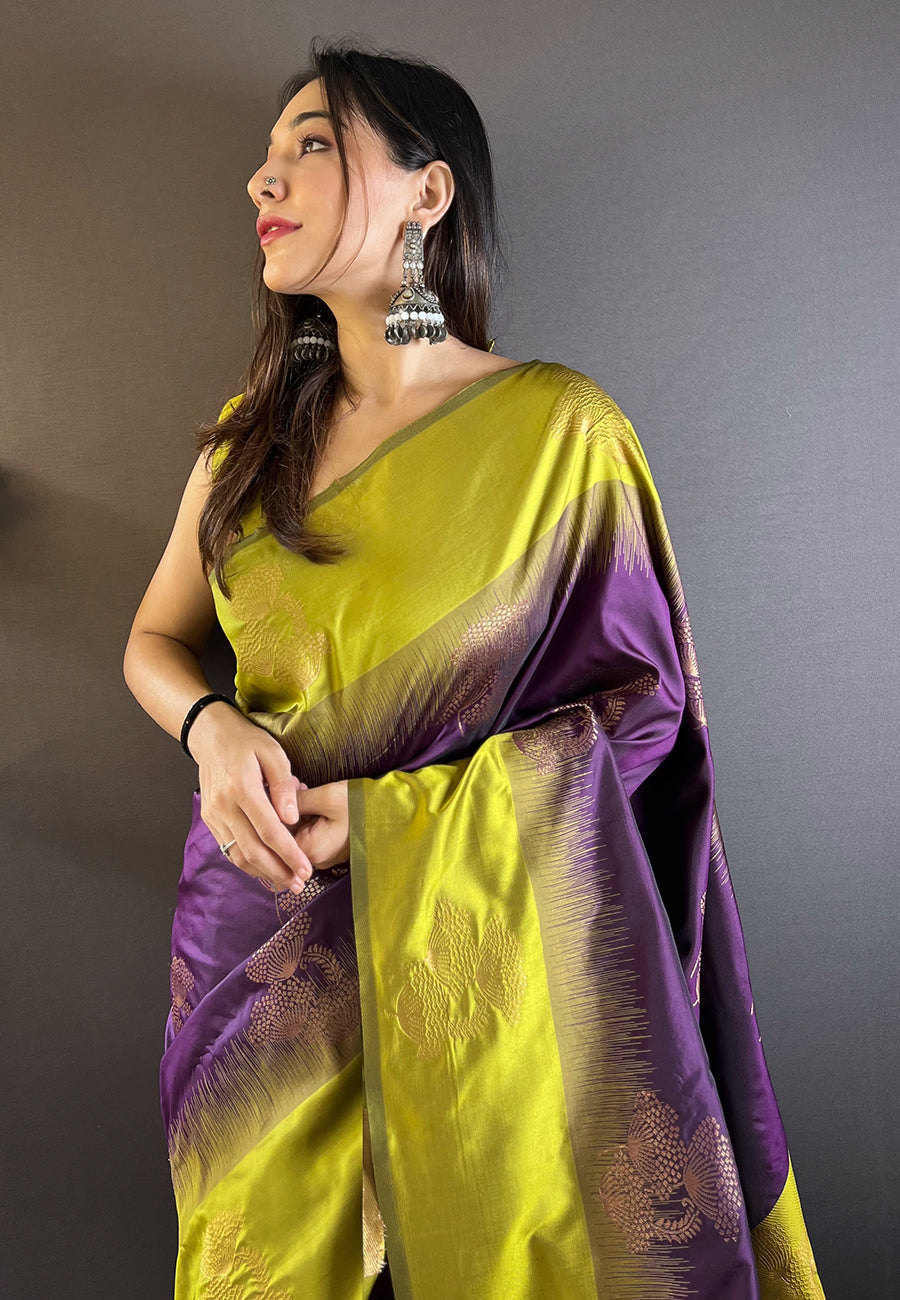 Magenta wine soft silk floral border contrast zari woven saree