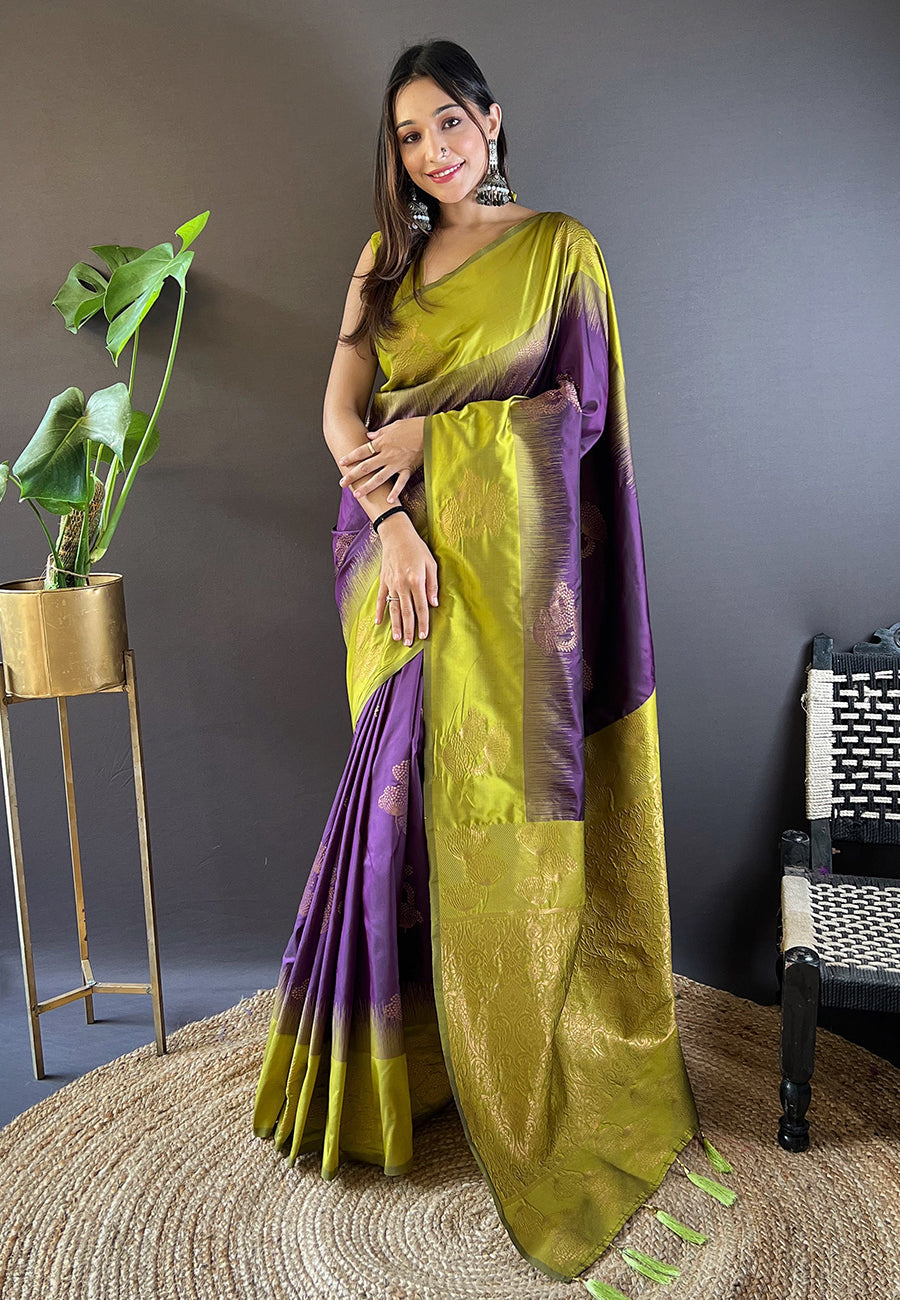 Magenta wine soft silk floral border contrast zari woven saree
