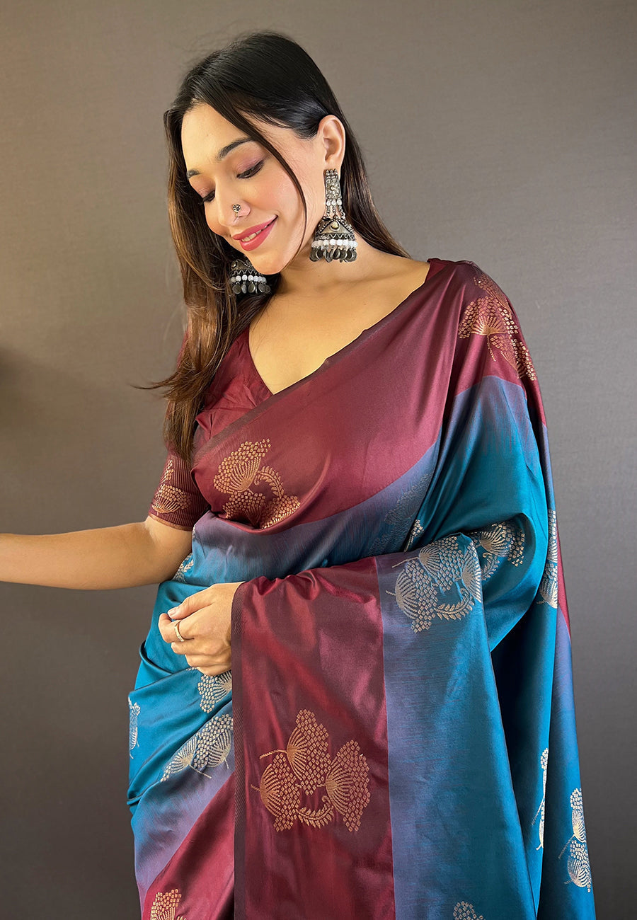 Blue soft silk floral border contrast zari woven saree