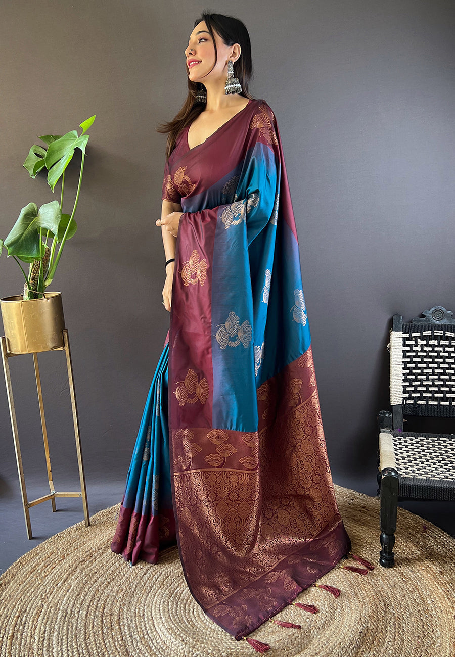 Blue soft silk floral border contrast zari woven saree