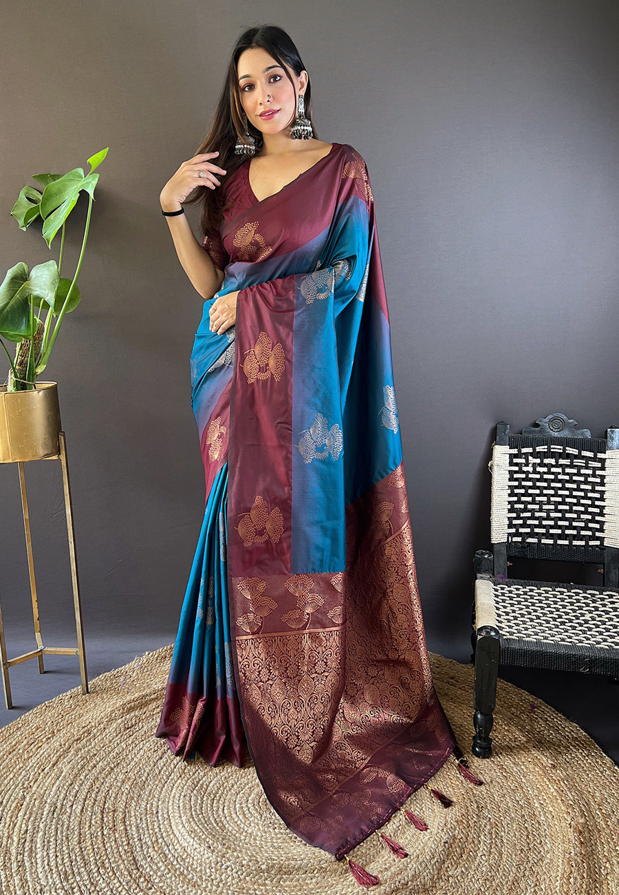 Blue soft silk floral border contrast zari woven saree