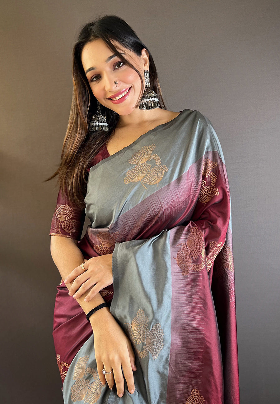 Maroon soft silk floral border contrast zari woven saree