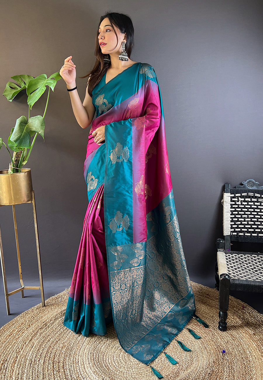 Hot pink soft silk floral border contrast zari woven saree