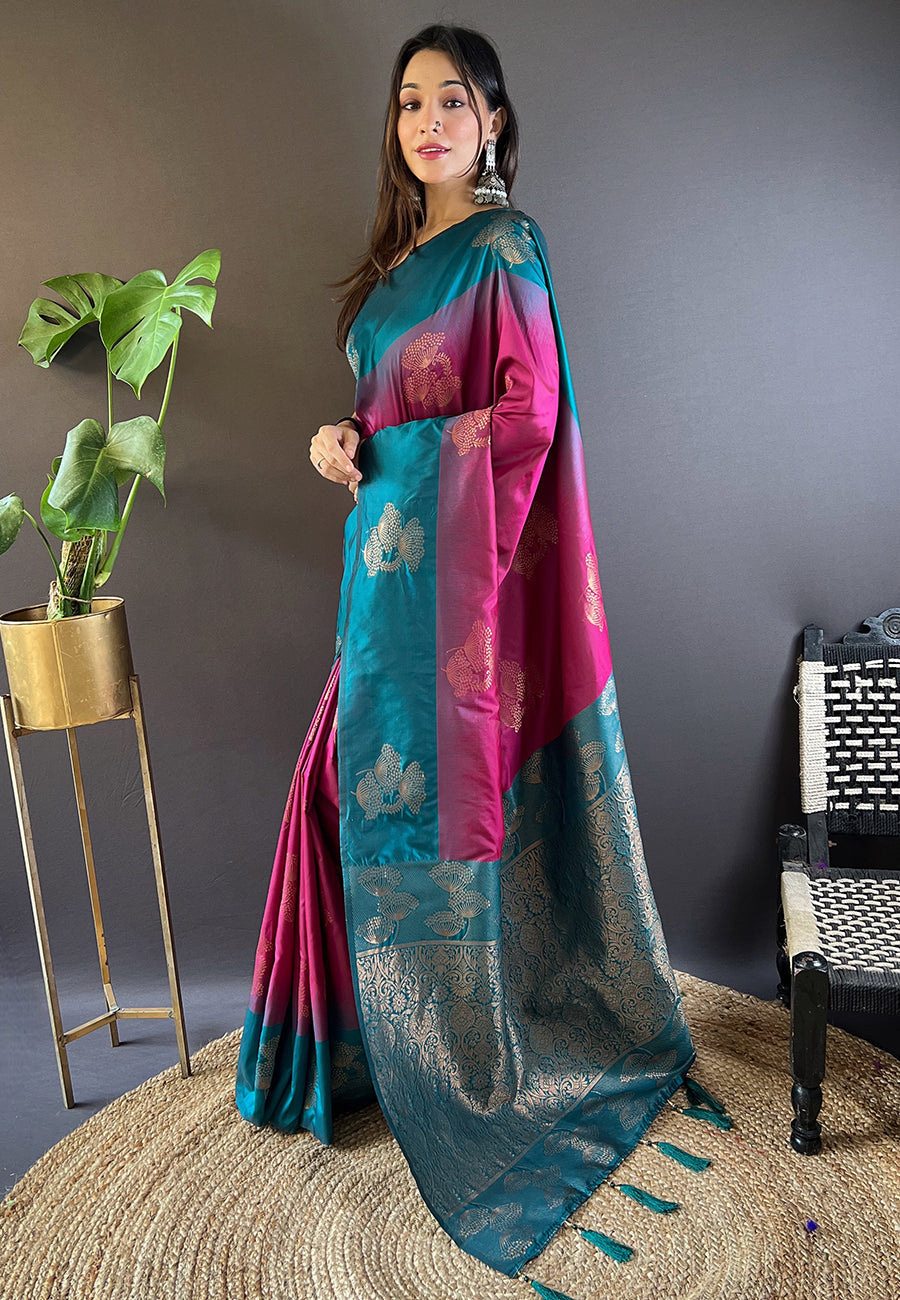 Hot pink soft silk floral border contrast zari woven saree
