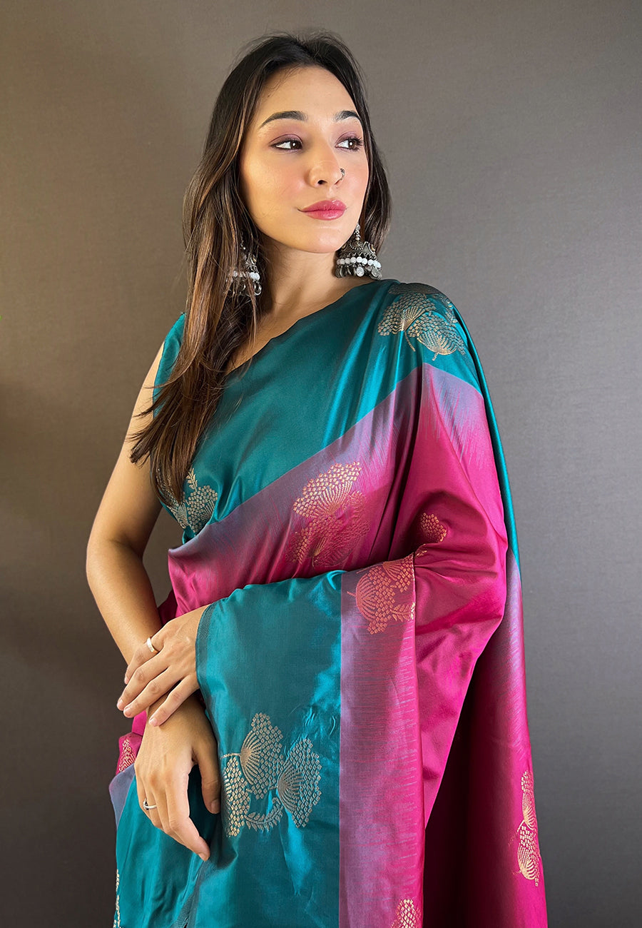 Hot pink soft silk floral border contrast zari woven saree