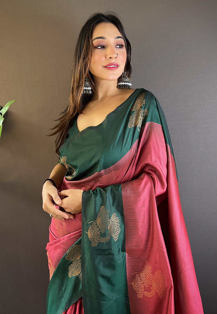 Coral pink soft silk floral border contrast zari woven saree