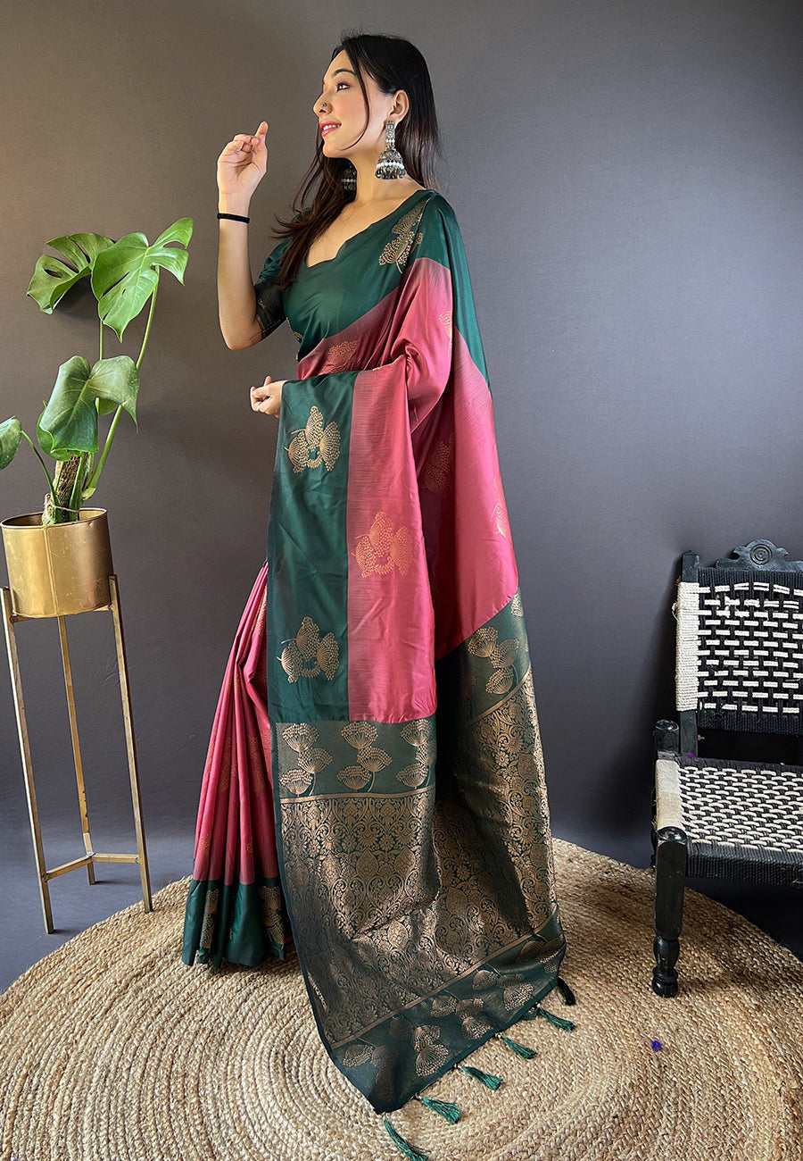 Coral pink soft silk floral border contrast zari woven saree