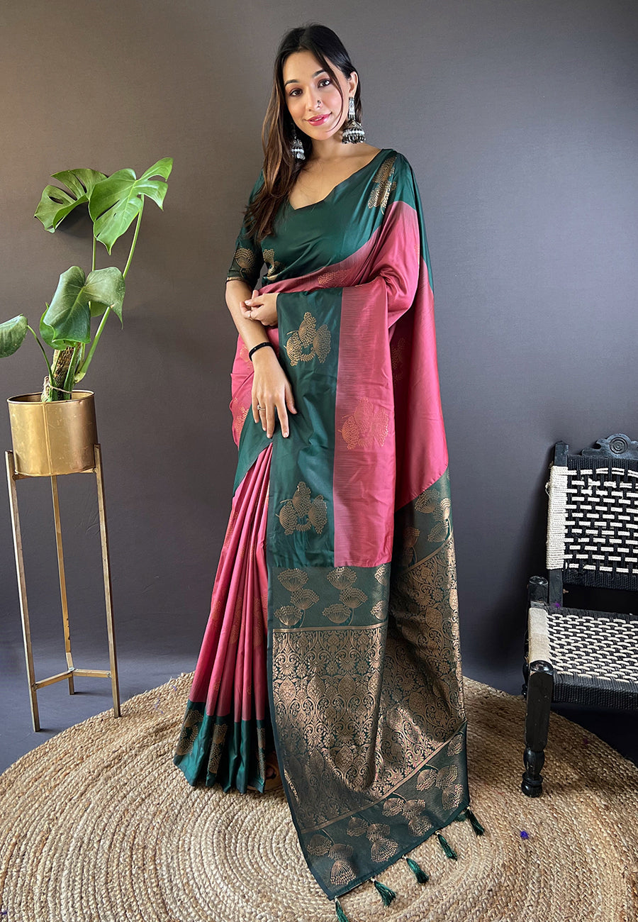Coral pink soft silk floral border contrast zari woven saree