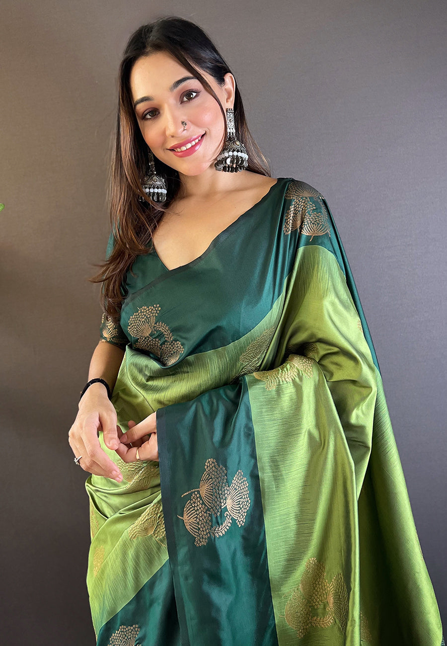 Olive green soft silk floral border contrast zari woven saree