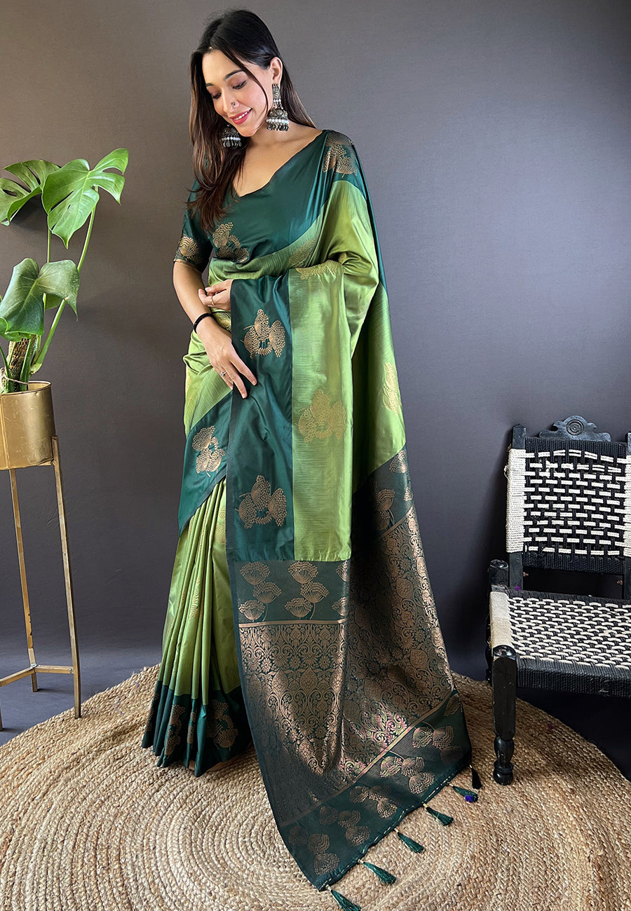 Olive green soft silk floral border contrast zari woven saree
