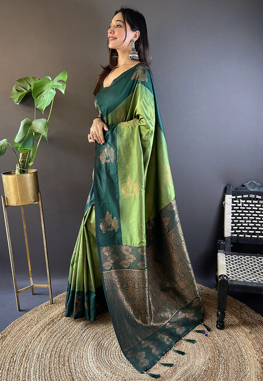 Olive green soft silk floral border contrast zari woven saree