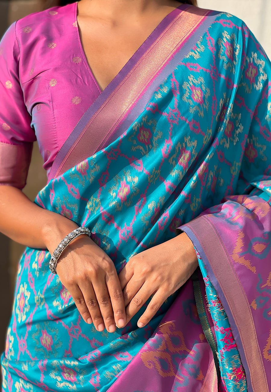 Sky Blue Soft Silk Zari Woven Patola Saree with Contrast Weaves