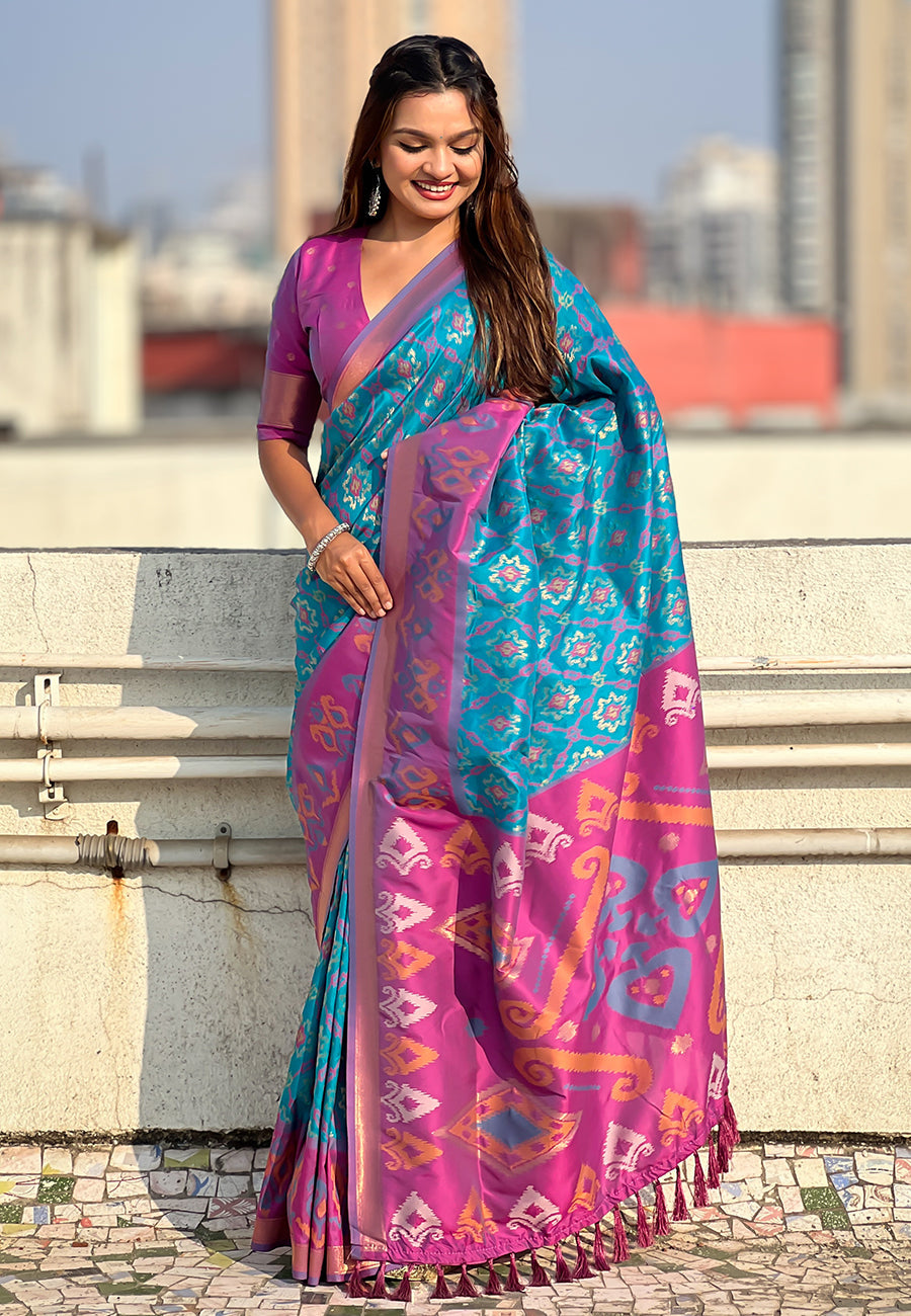 Sky Blue Soft Silk Zari Woven Patola Saree with Contrast Weaves