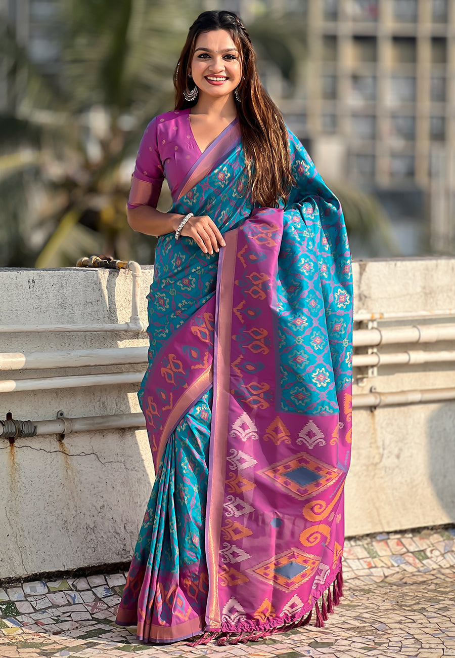 Sky Blue Soft Silk Zari Woven Patola Saree with Contrast Weaves