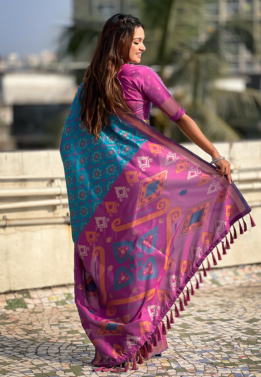 Sky Blue Soft Silk Zari Woven Patola Saree with Contrast Weaves
