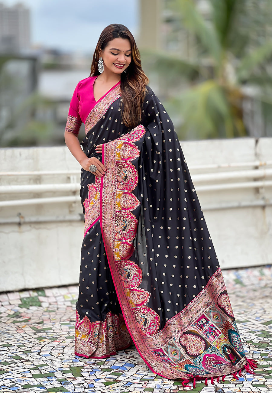 Jade black pashmina darbari silk zari woven saree with meenakari border