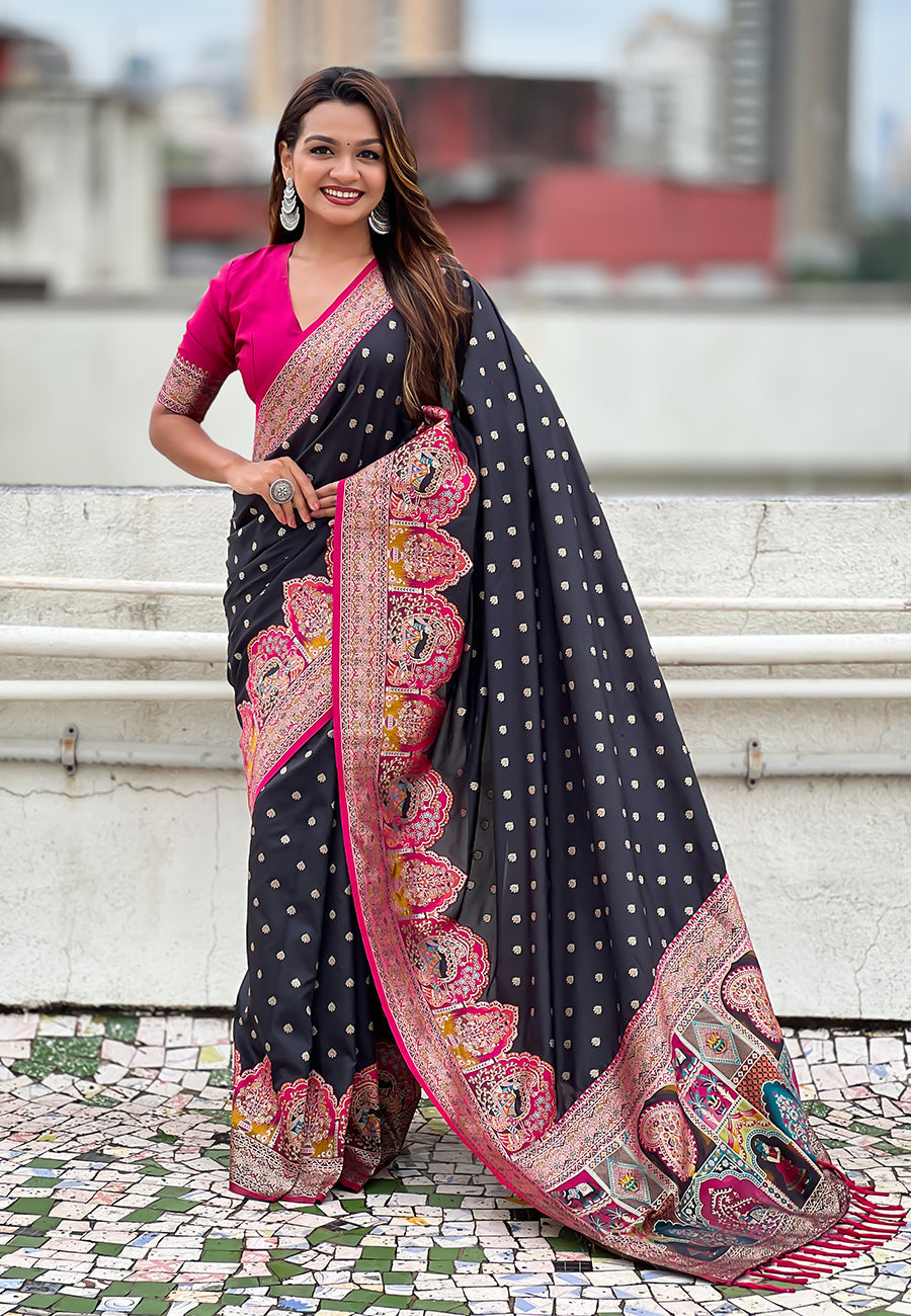 Jade black pashmina darbari silk zari woven saree with meenakari border