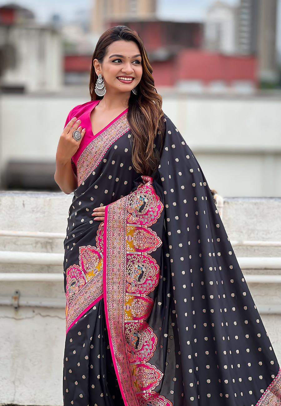Jade black pashmina darbari silk zari woven saree with meenakari border