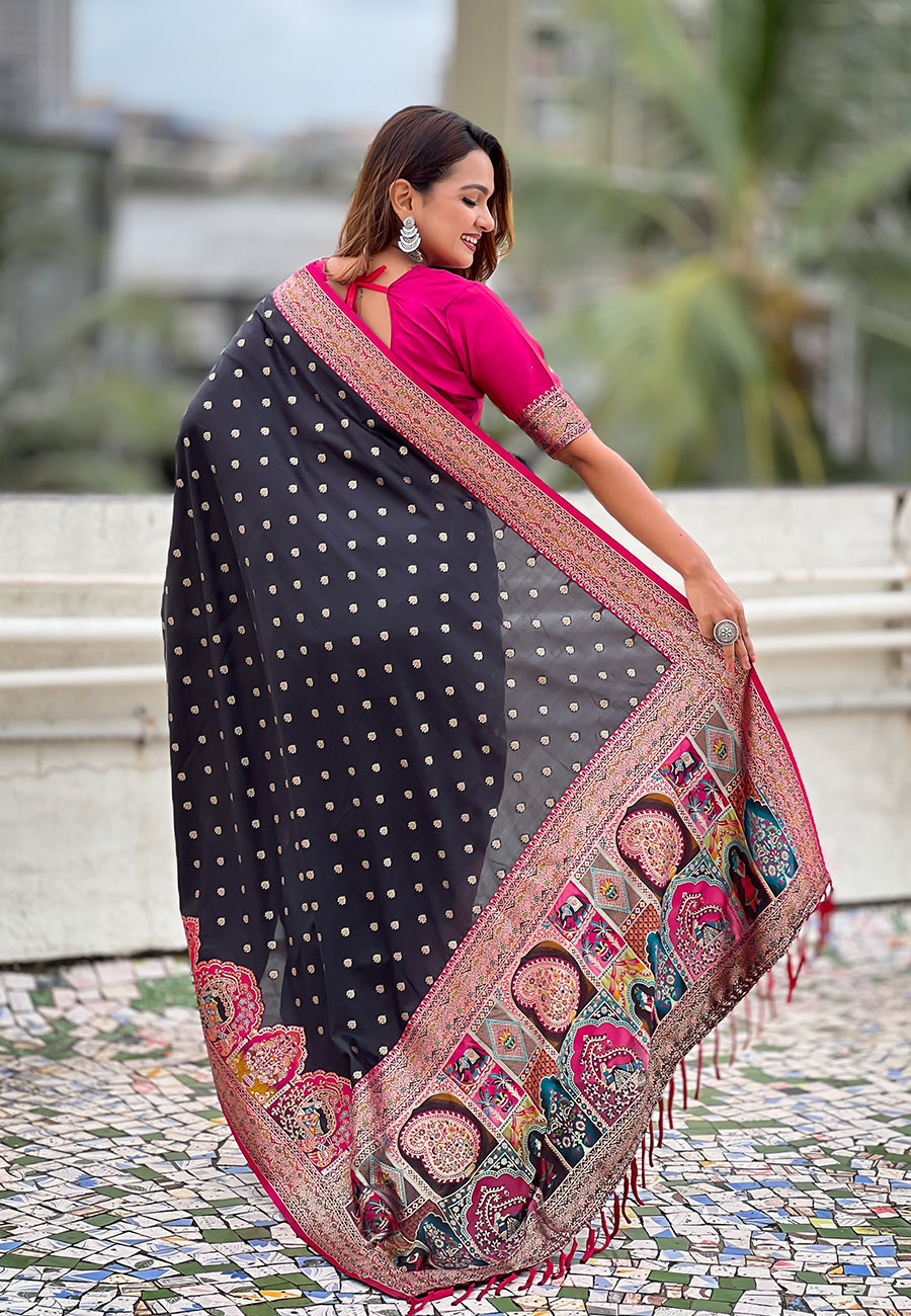 Jade black pashmina darbari silk zari woven saree with meenakari border