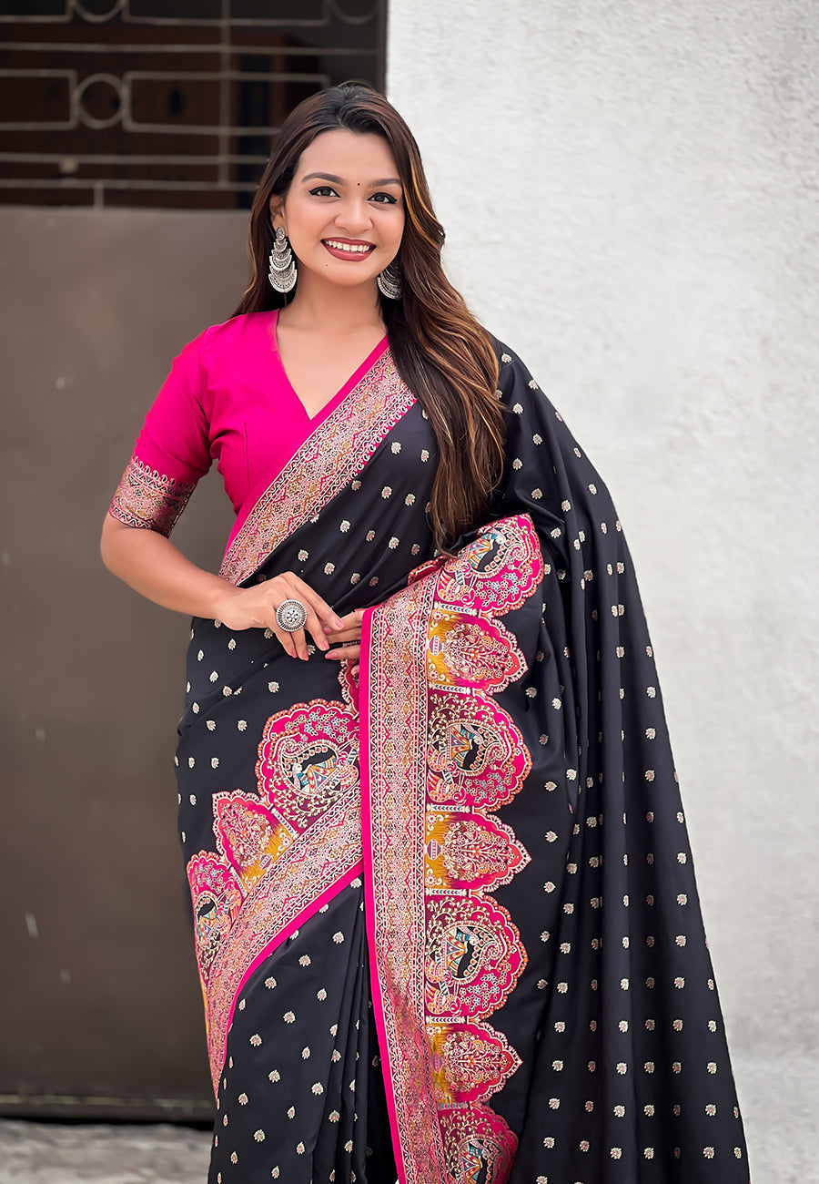 Jade black pashmina darbari silk zari woven saree with meenakari border