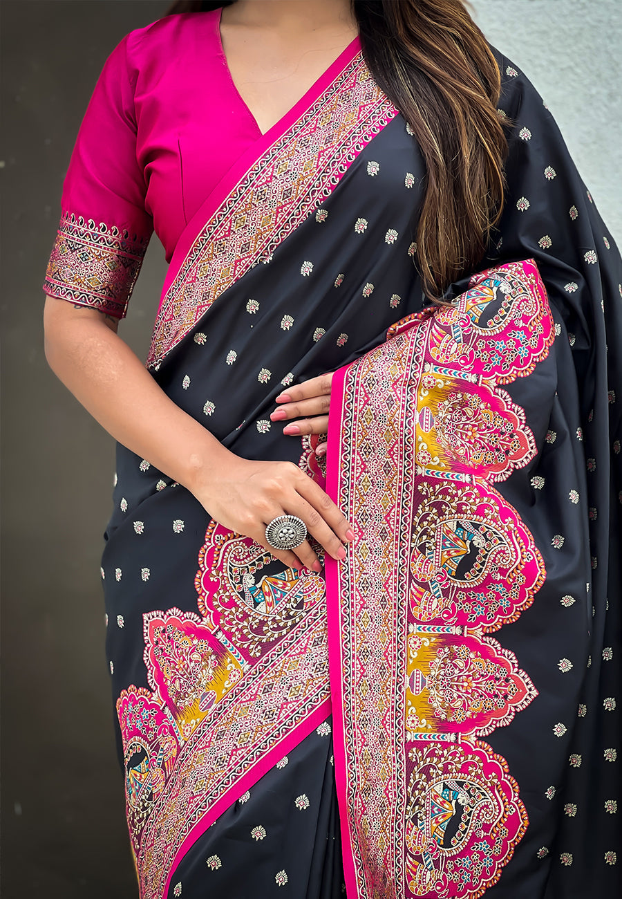 Jade black pashmina darbari silk zari woven saree with meenakari border