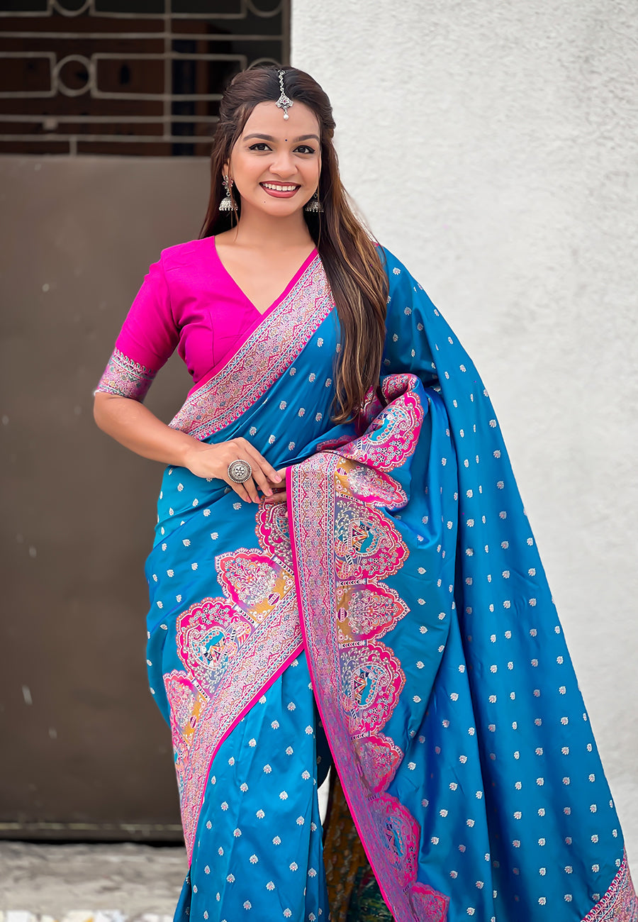 Blue pashmina darbari silk zari woven saree with meenakari border