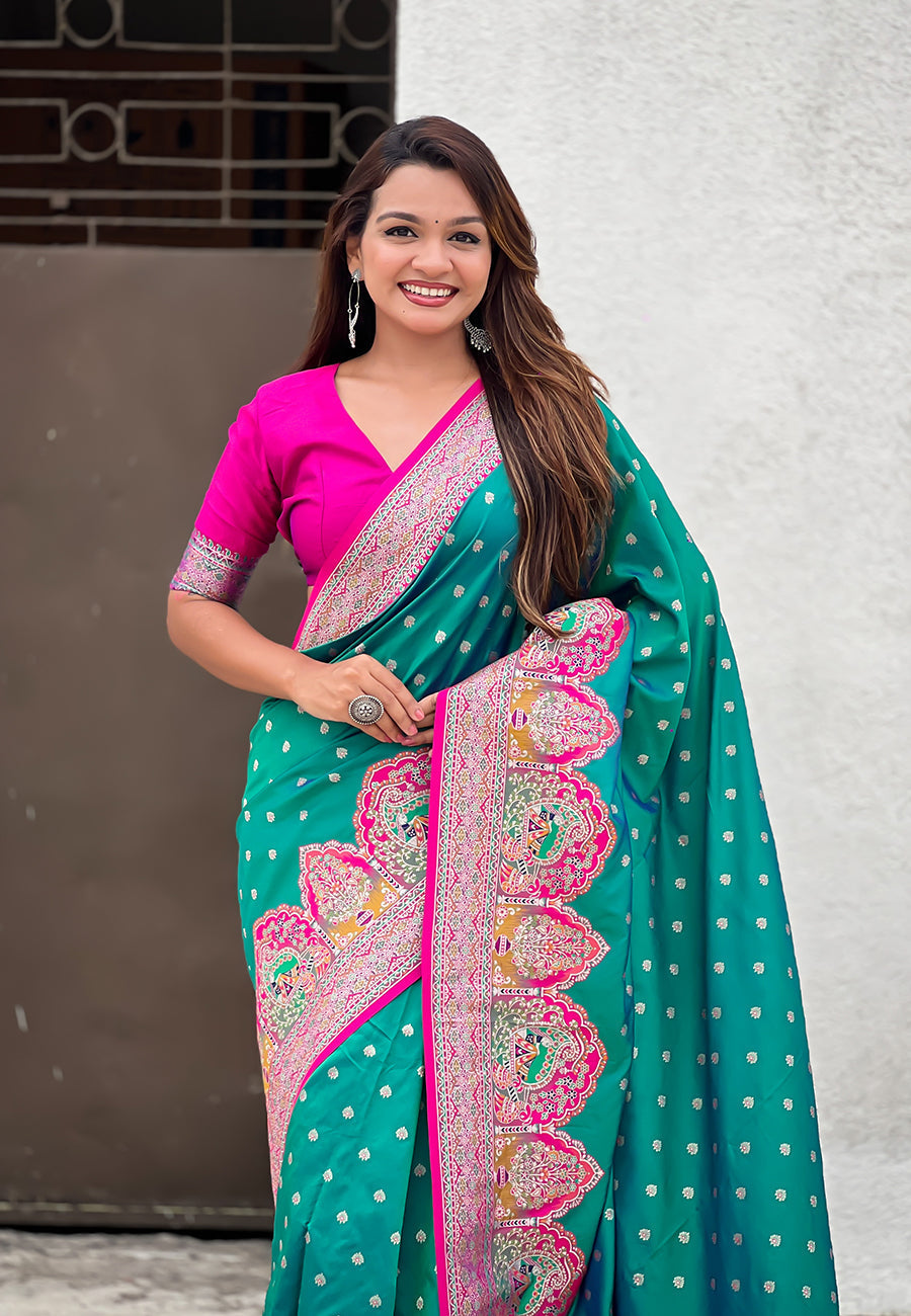 Green pashmina darbari silk zari woven saree