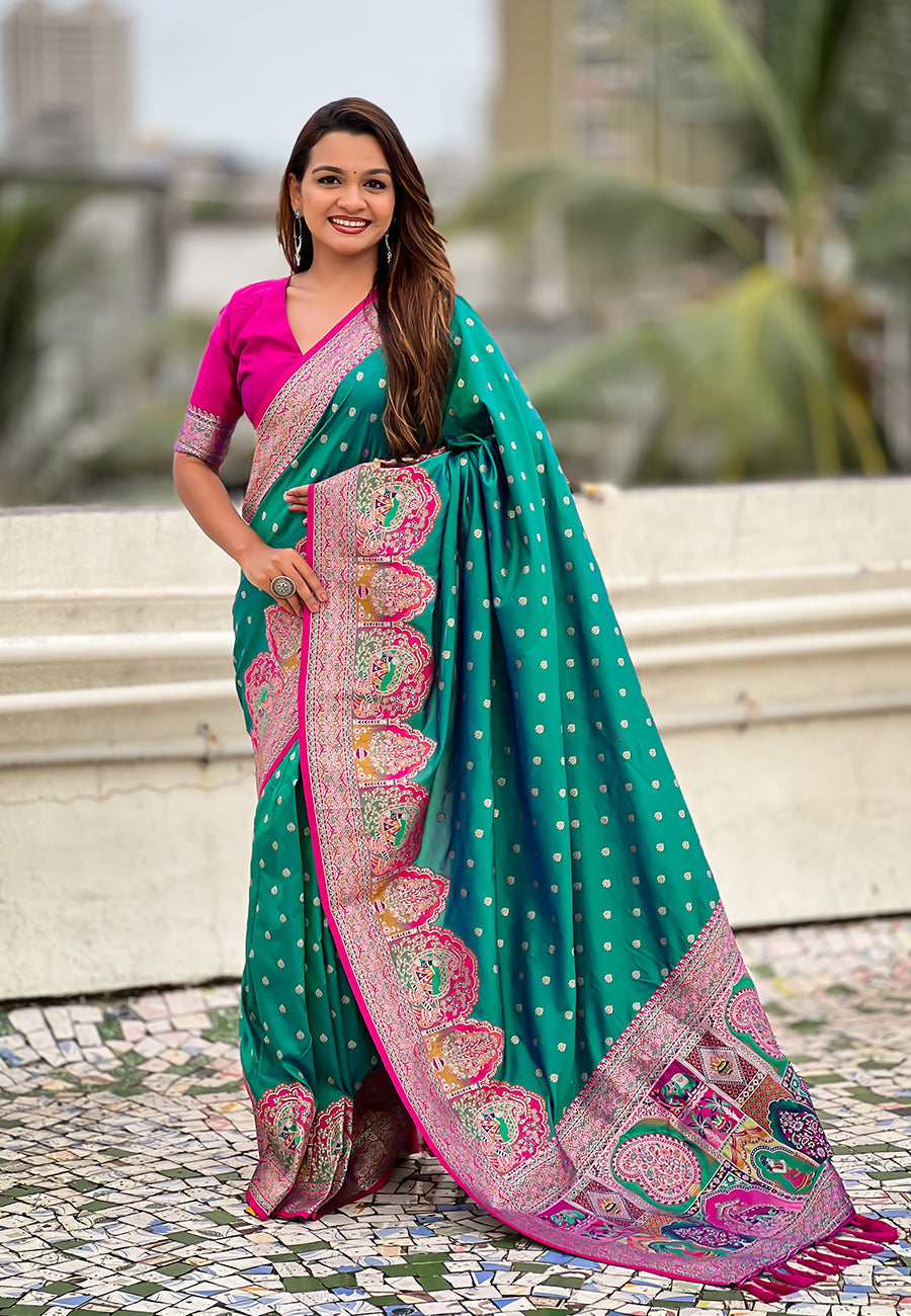 Green pashmina darbari silk zari woven saree