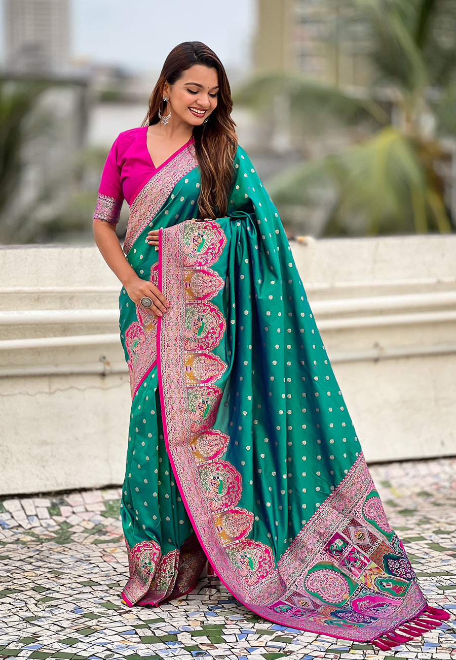 Green pashmina darbari silk zari woven saree