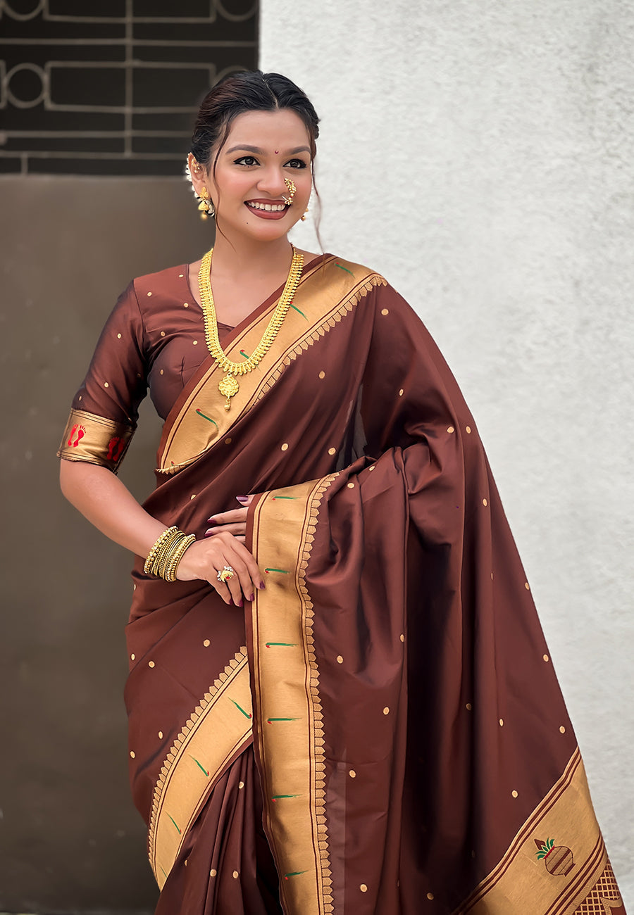 Coffee zari woven mahalaxmi god paithani silk saree