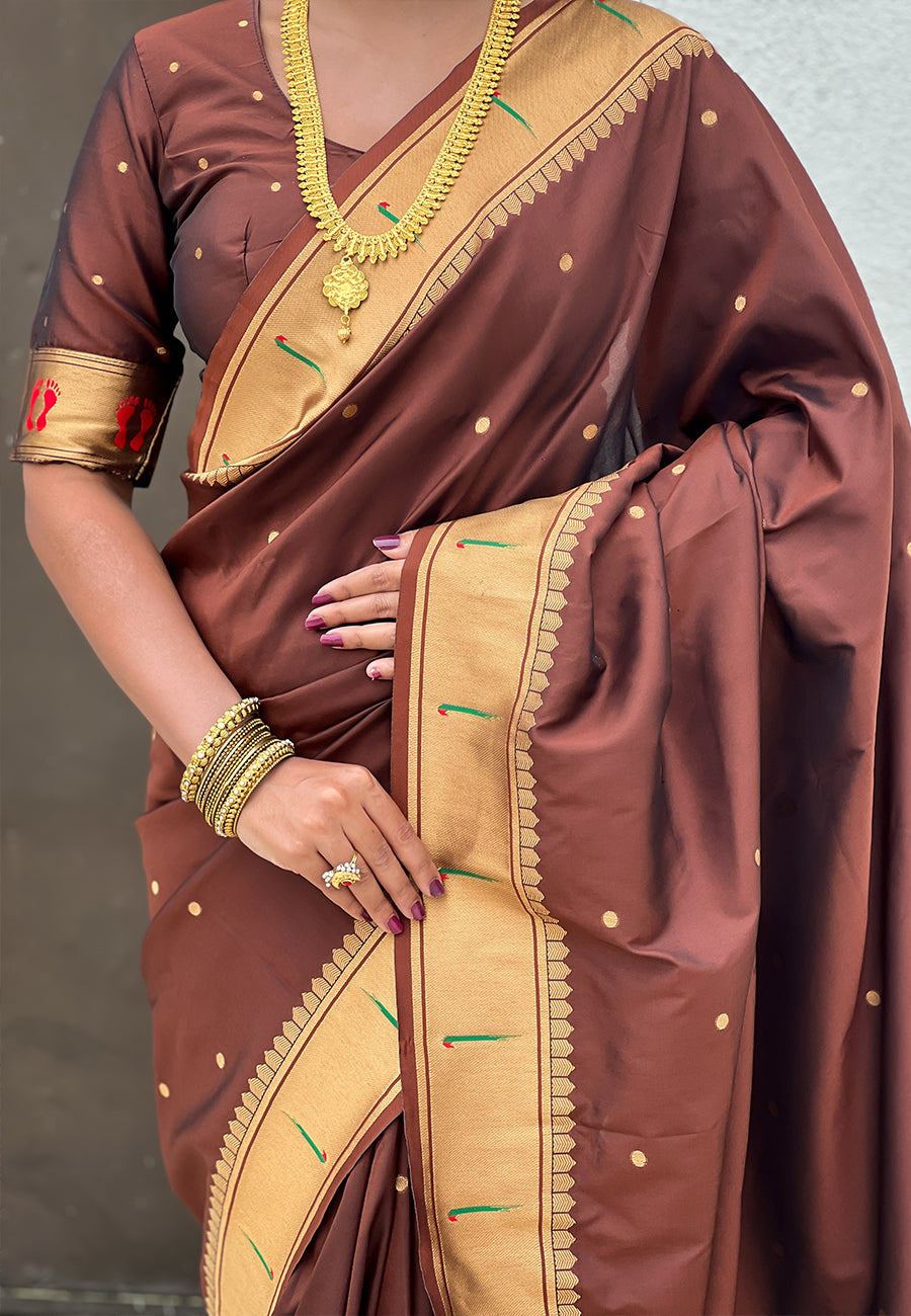 Coffee zari woven mahalaxmi god paithani silk saree
