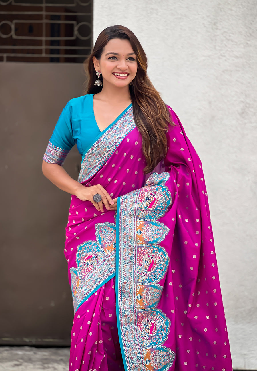 Magenta pashmina darbari silk zari woven saree