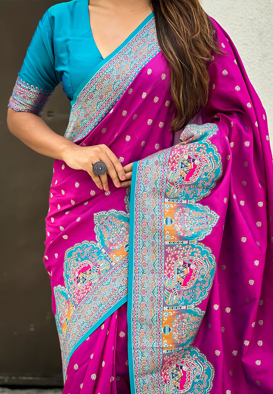 Magenta pashmina darbari silk zari woven saree