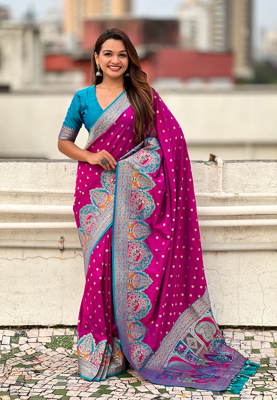 Magenta pashmina darbari silk zari woven saree