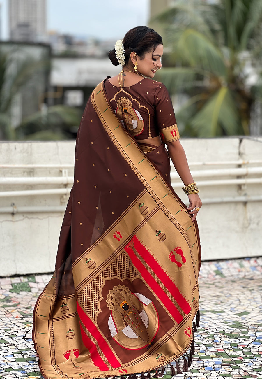 Coffee zari woven mahalaxmi god paithani silk saree