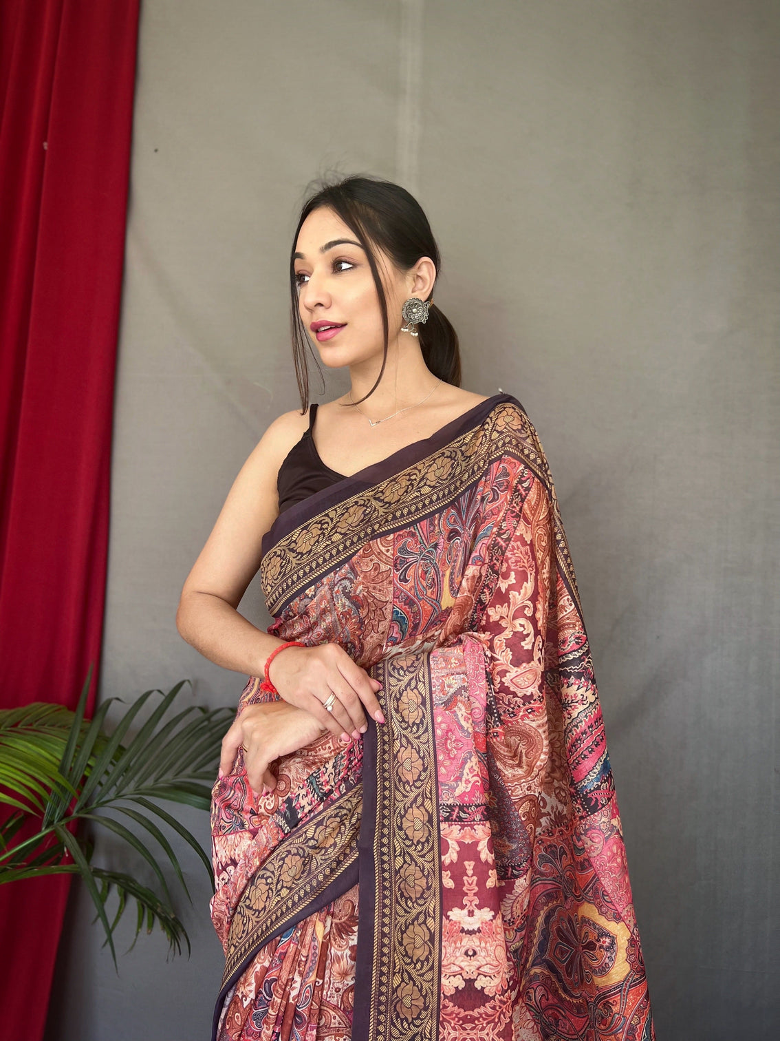 Pink Brown Saree in Silk Cotton Print