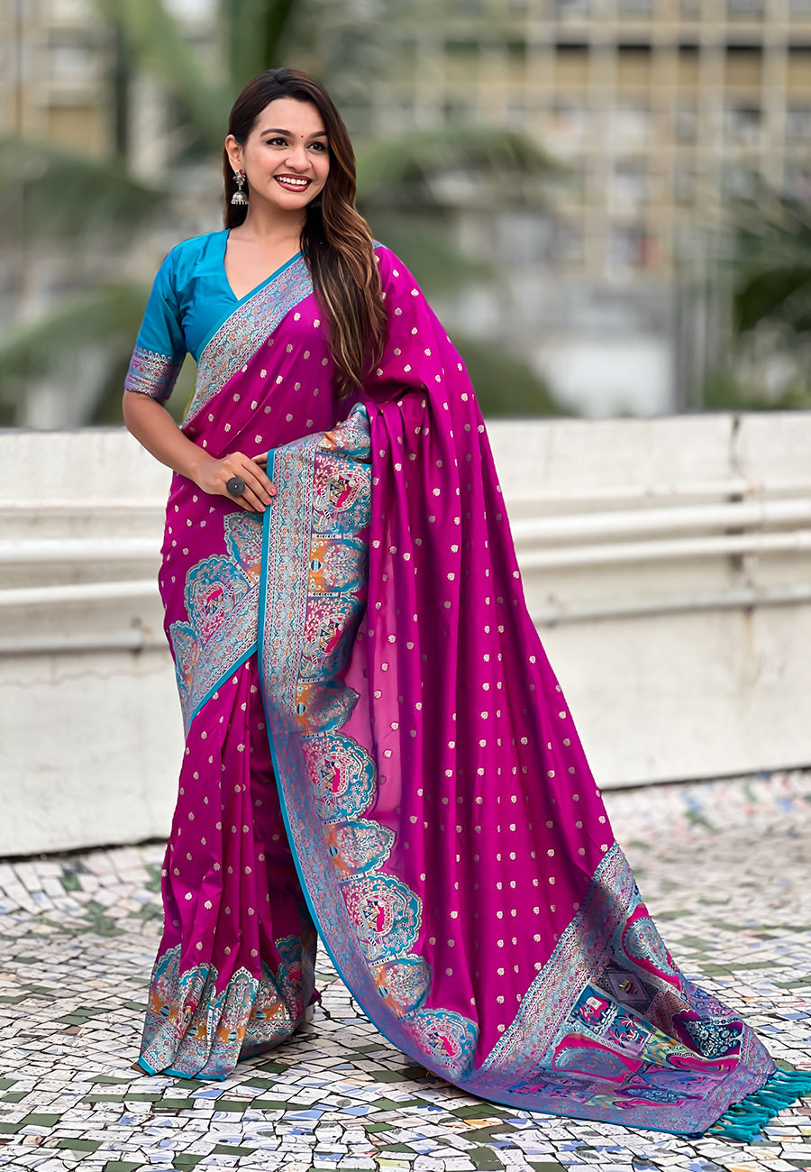 Magenta pashmina darbari silk zari woven saree