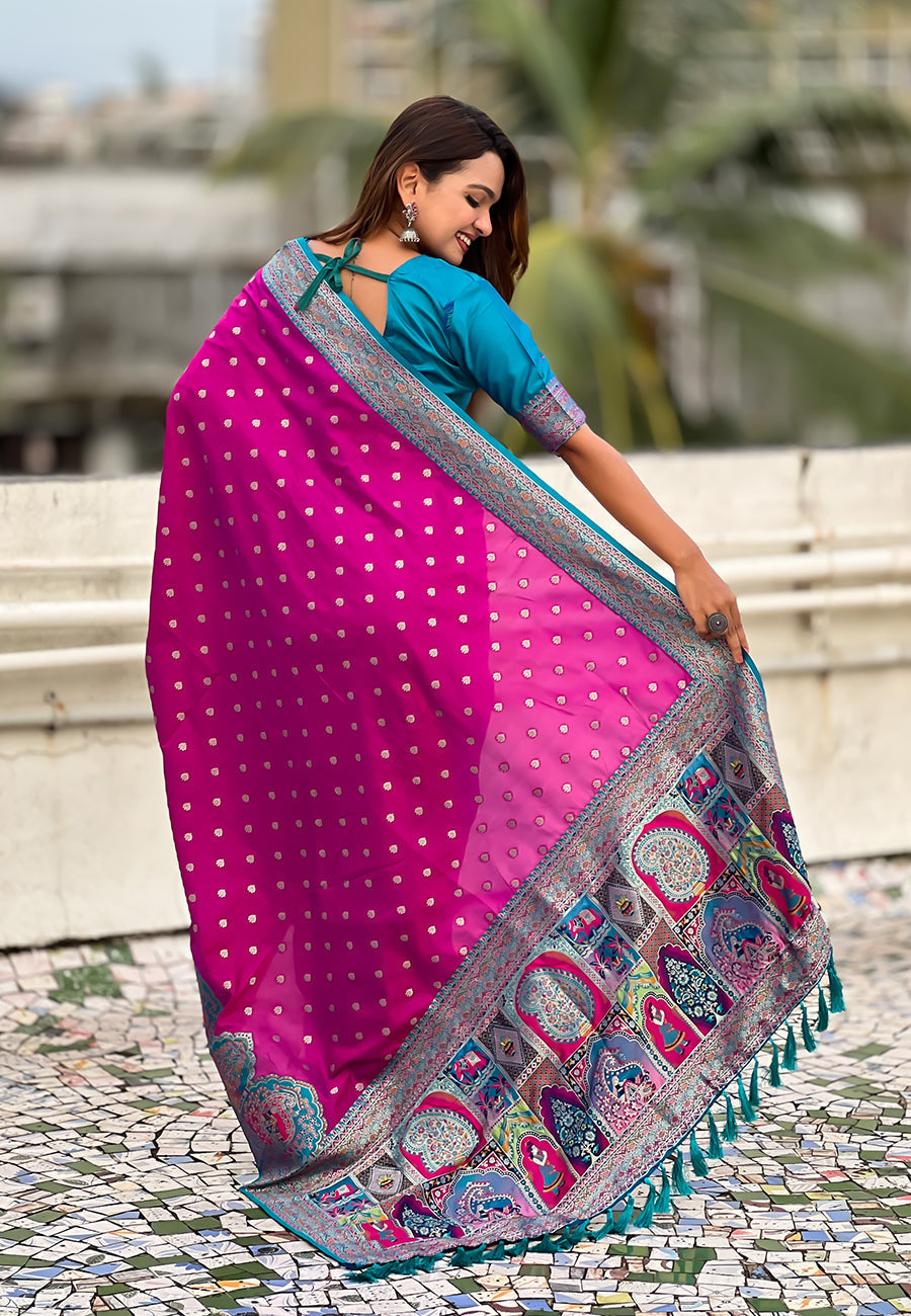 Magenta pashmina darbari silk zari woven saree