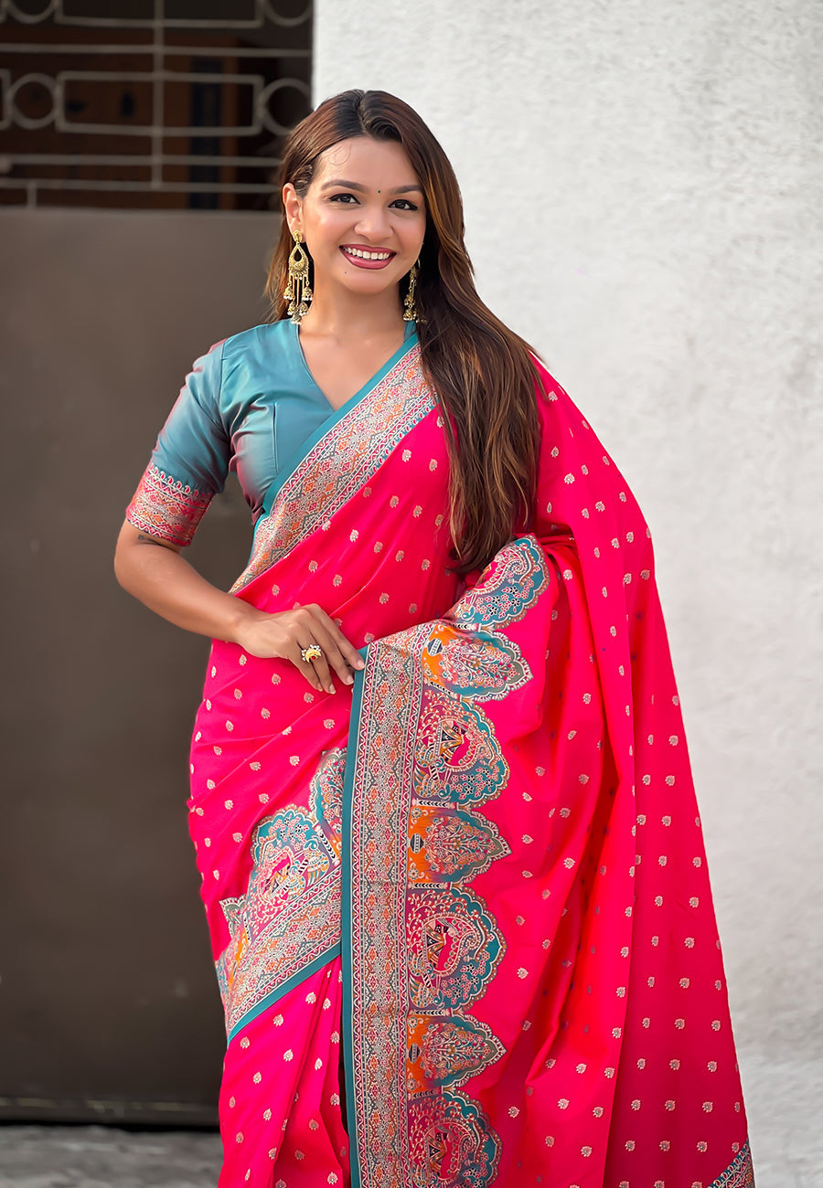 Pink pashmina darbari silk zari woven saree