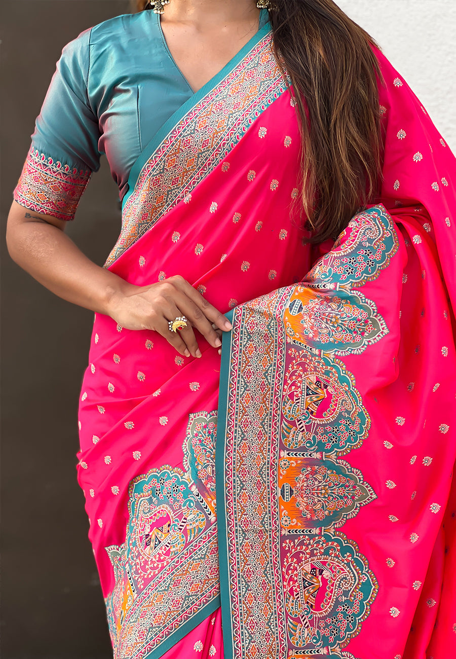 Pink pashmina darbari silk zari woven saree