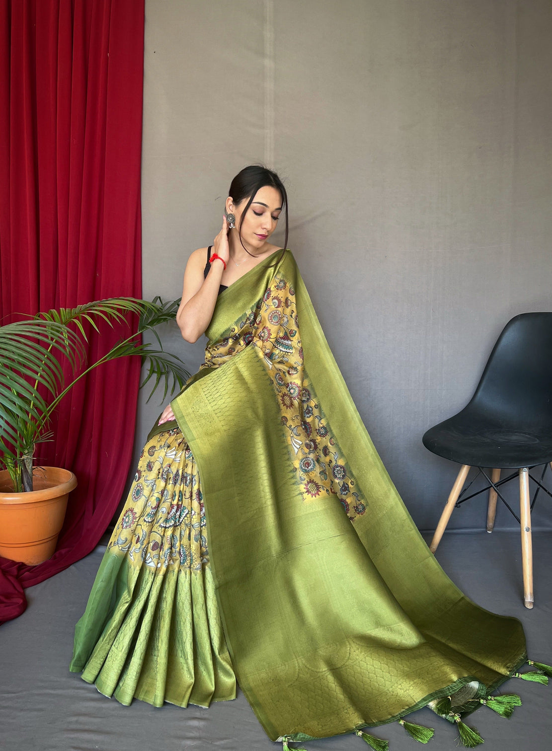 Yellow Green Saree in Kora Muslin Kalamkari Silk