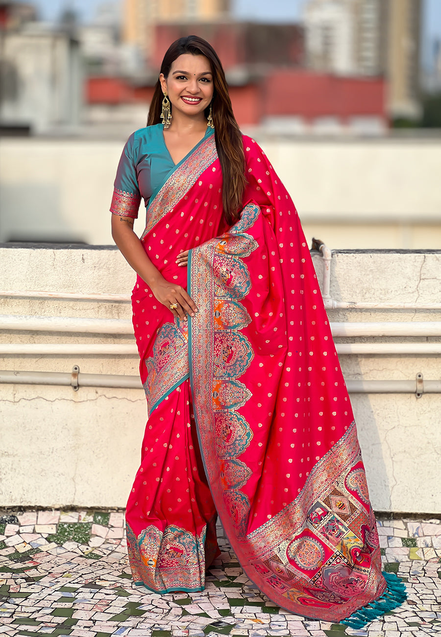 Pink pashmina darbari silk zari woven saree