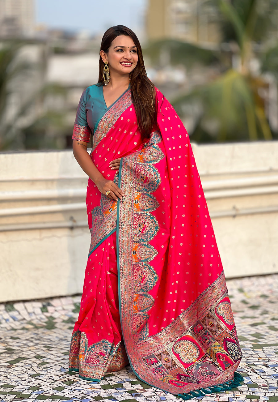 Pink pashmina darbari silk zari woven saree
