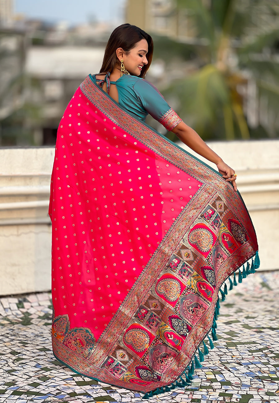 Pink pashmina darbari silk zari woven saree